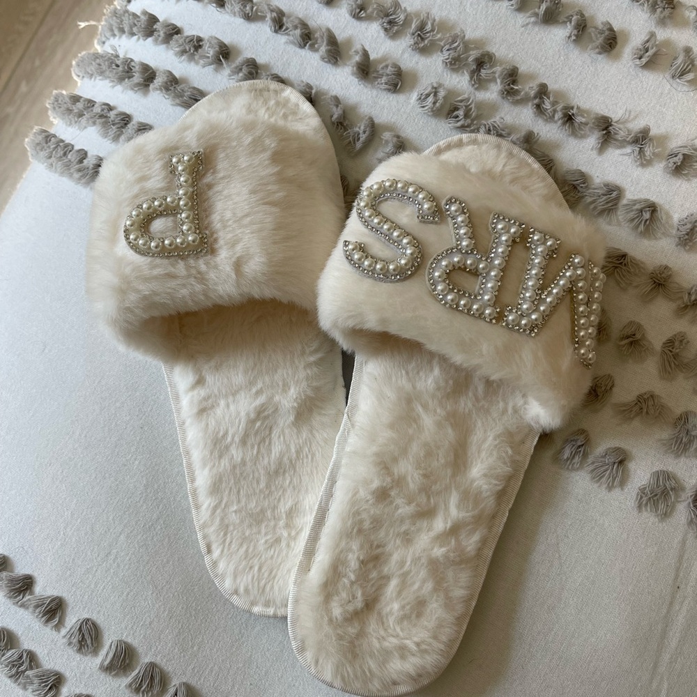 Mrs P Faux Fur Slippers with Pearl Lettering